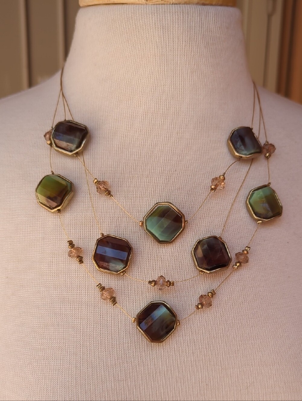 Chico's Gold Multi-Strand Necklace with Iridescent Green and Brown Stones